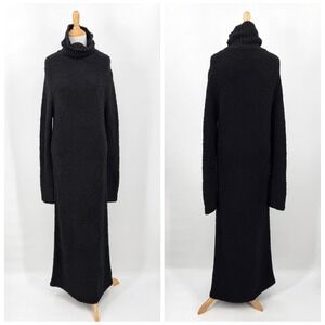 ENZA COSTA Wool Turtleneck Dress Womens Medium Black Long Sleeve Fuzzy Maxi NEW